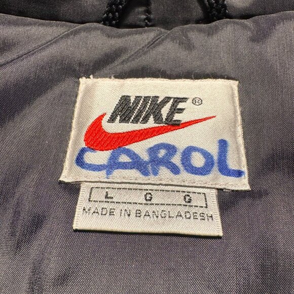 Vintage 90s Nike Dark Grey Navy Yellow Coach Puffer Long Jacket Large Zip Hood - Picture 7 of 12